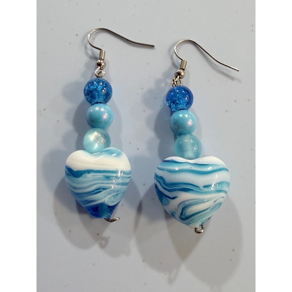 Handmade Blue Glass Heart Drop Earrings Swirl Bead Dangle Silver Tone Hooks - Picture 2 of 2